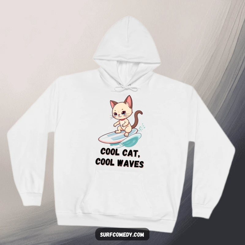 Funny Siamese Cat Surfer Hoodie: A fashionable Siamese cat surfs with cool confidence on a gentle swell, perfect for cozy humor.