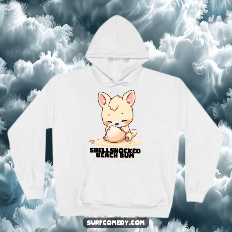 Funny hoodie depicting a cute, curious animal character closely inspecting a seashell on a beach, perfect for cozy days.