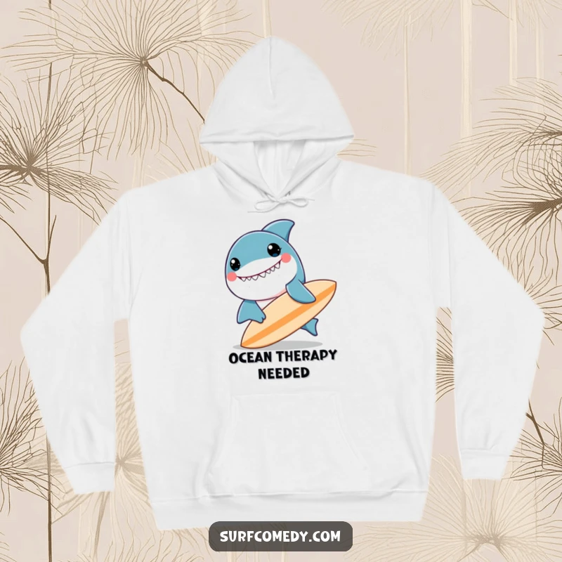 Funny kawaii shark with a big grin, nudging a surfboard, cozy and warm funny hoodie for surfers.