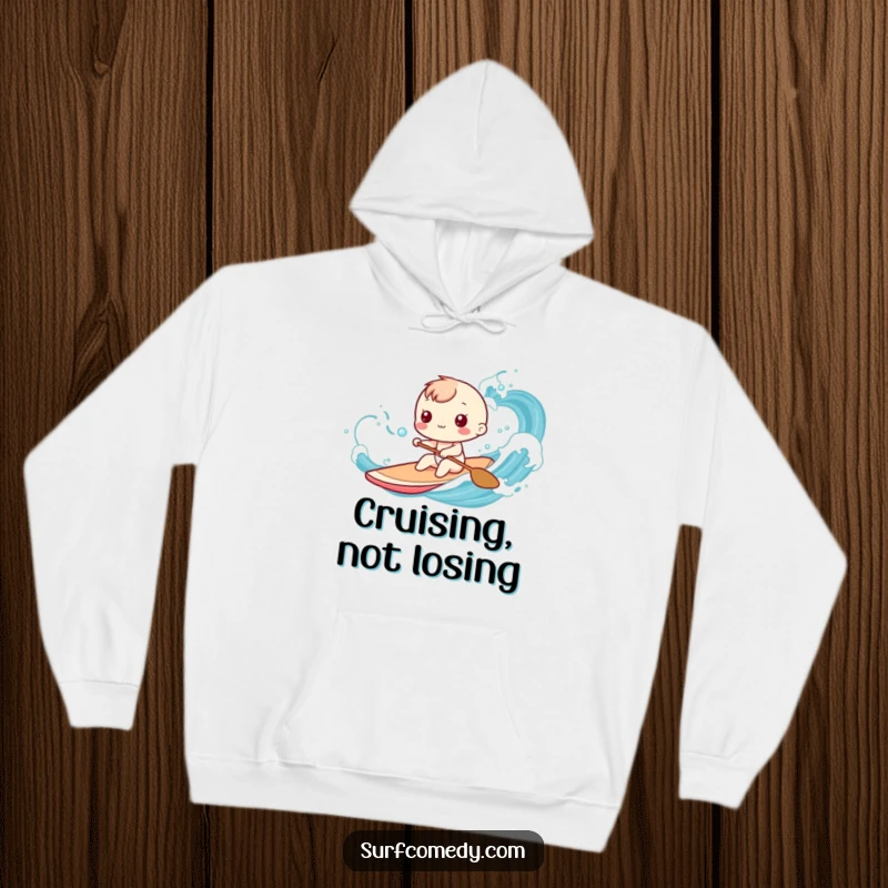 Funny Kawaii character hoodie featuring playful paddling through stylized ocean waves, a great funny gift idea.