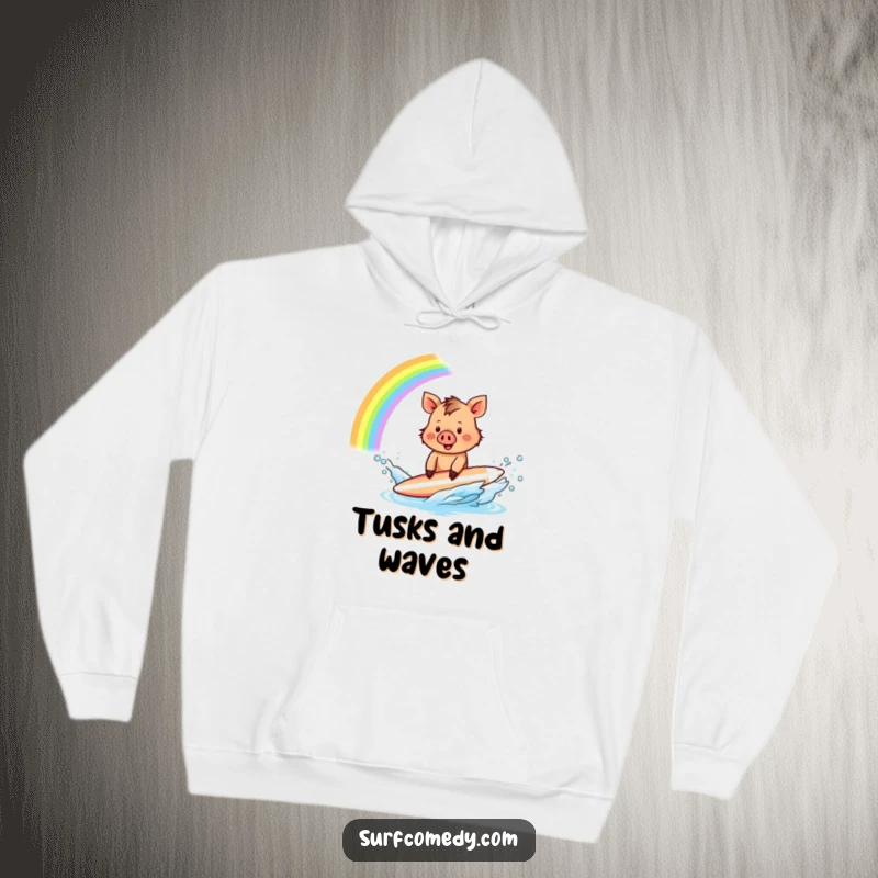 Funny Boar Surfer Hoodie: A tiny boar generates a vibrant rainbow splash while surfing, perfect for cozy, magical humor.
