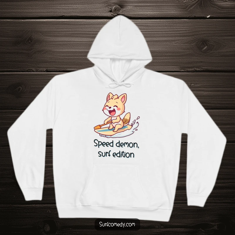 Funny hoodie with an excited animal paddling furiously, surfboard trailing, embodying energy and the start of a surf adventure.