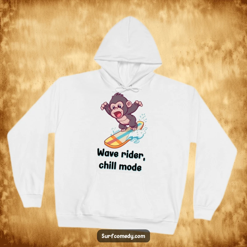 Funny hoodie depicting a humorous gorilla gracefully diving off a surfboard into a picturesque blue ocean.