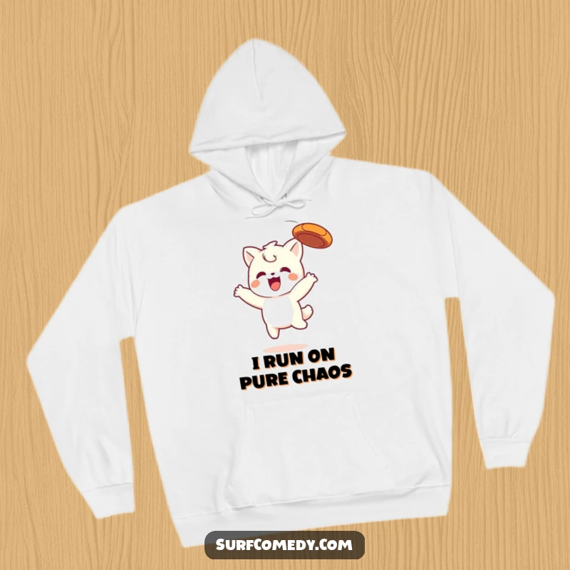 Funny Kawaii hoodie depicting a cute character leaping high to catch a frisbee, conveying excitement and athletic fun.