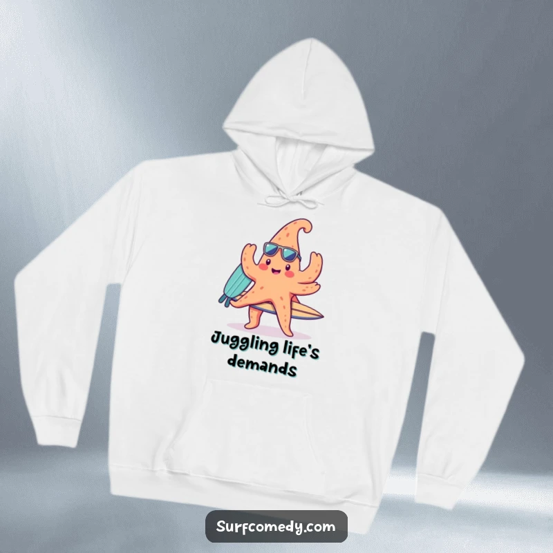 Funny hoodie depicting a cute kawaii starfish character balancing a surfboard on its arms, symbolizing comfort and beach dreams.