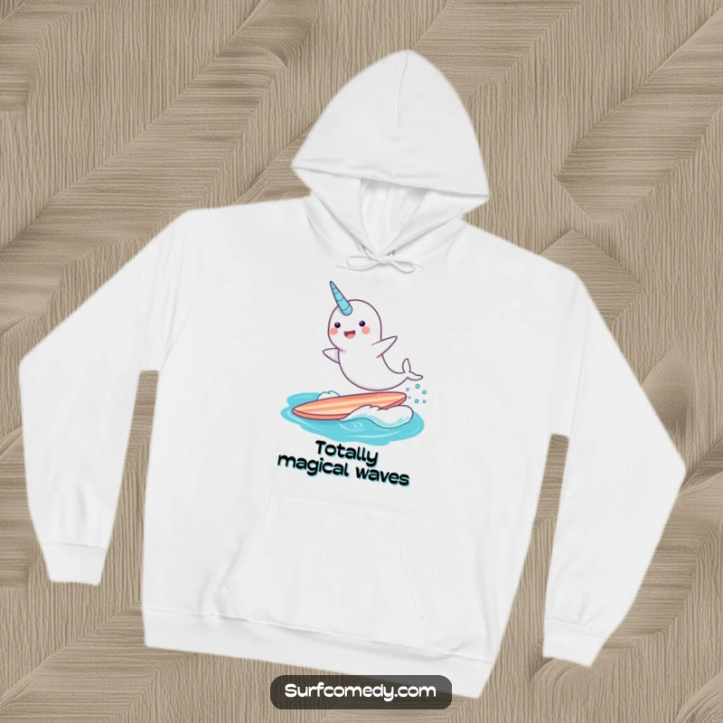 Funny narwhal character in a hoodie, surfing a surfboard with a splash, embodying magical and humorous vibes.