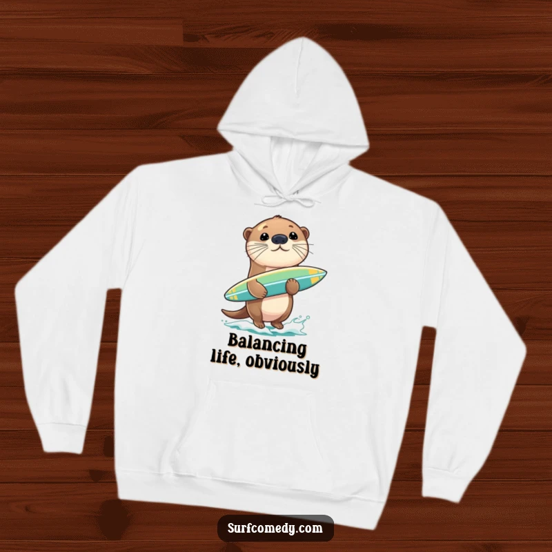 Funny sea otter character in a hoodie, balancing a surfboard on its nose with skill, a humorous and cozy item.