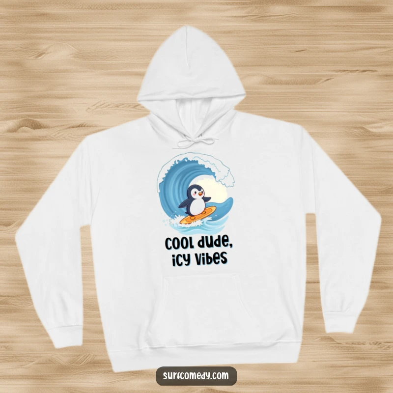 Funny penguin hoodie, cute character surfing a surfboard, heading towards a giant playful wave, cozy and adventurous, great funny gift.