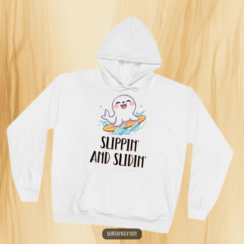 Funny laughing seal character sliding off a surfboard into a refreshing splash, providing warmth and beachy cheer.