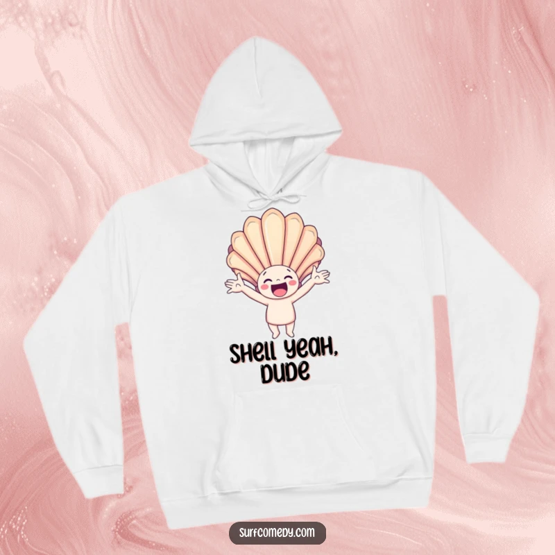 Funny hoodie showing a happy character catching a giant, colorful seashell with arms outstretched, perfect for cozy beach lovers.