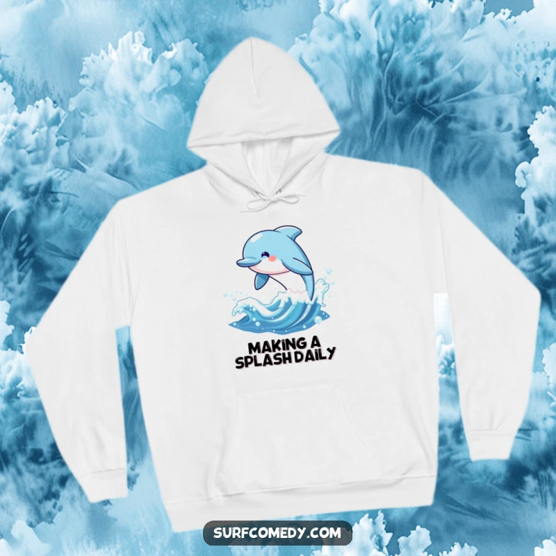 Funny hoodie depicting a cheerful kawaii dolphin character leaping from a sparkling wave, symbolizing comfort and oceanic dreams.