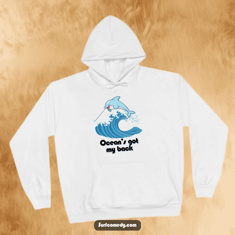 Funny hoodie featuring a gleeful dolphin character mid-air, leaping gracefully over a huge, stylized ocean wave, radiating pure fun.
