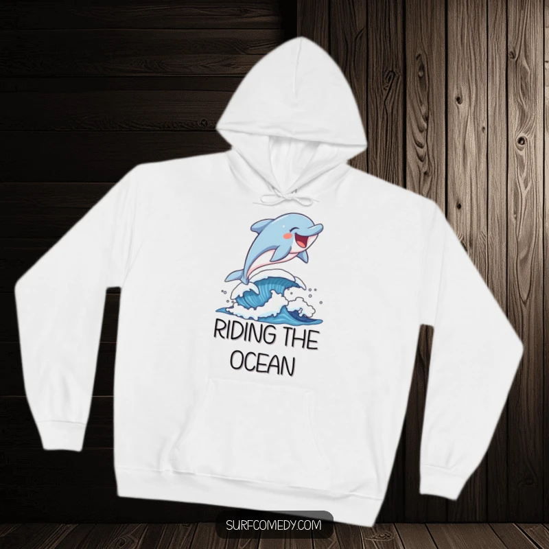 Funny laughing dolphin mid-leap over a playful wave, featured on a cozy and humorous hoodie.