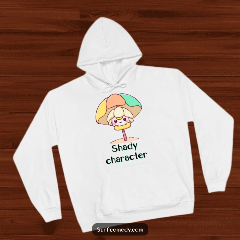 Funny Kawaii character peeking with a smile from behind a beach umbrella on a warm and humorous hoodie.