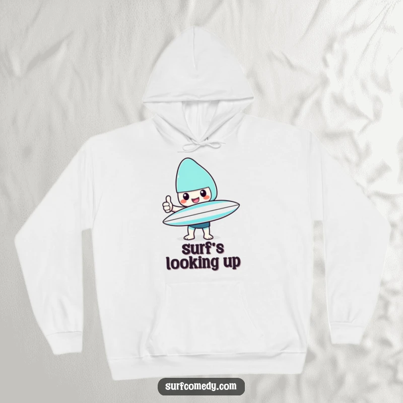 Funny Kawaii character hoodie with surfboard giving a cheerful thumbs up, a great funny gift idea.