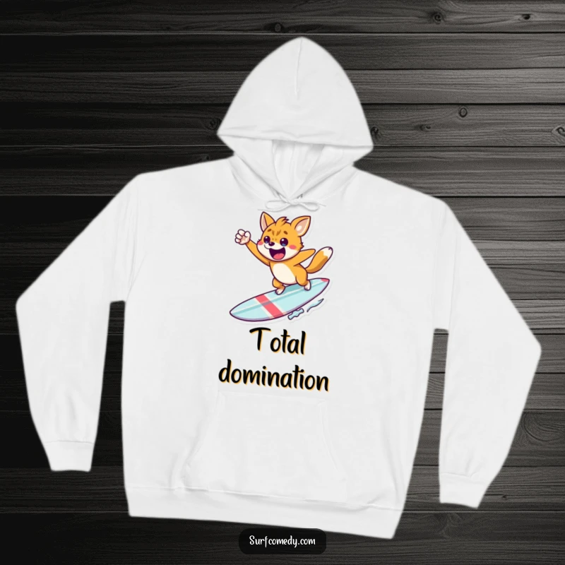 Funny triumphant animal hoodie, a warm hoodie featuring an animal leaping triumphantly from a surfboard, a motivational funny gift.