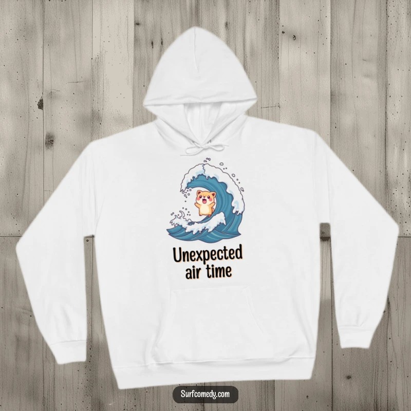 Funny hoodie with a surprised animal character comically tossed into the air by a rogue wave, capturing a moment of surprise.
