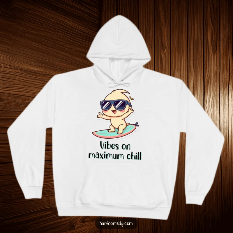 Funny Kawaii hoodie depicting a sunglasses-wearing character striking a cool pose on a surfboard, ready for beach fun.
