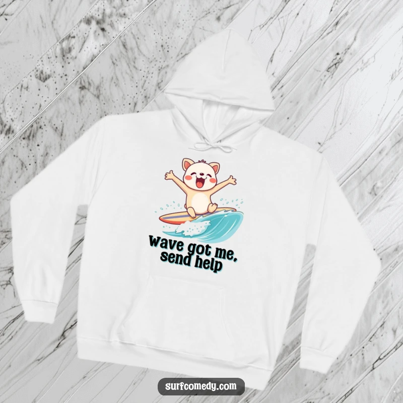 Funny hoodie with a flailing animal character comically wiping out on a surfboard, arms in the air, capturing a hilarious beach fail.
