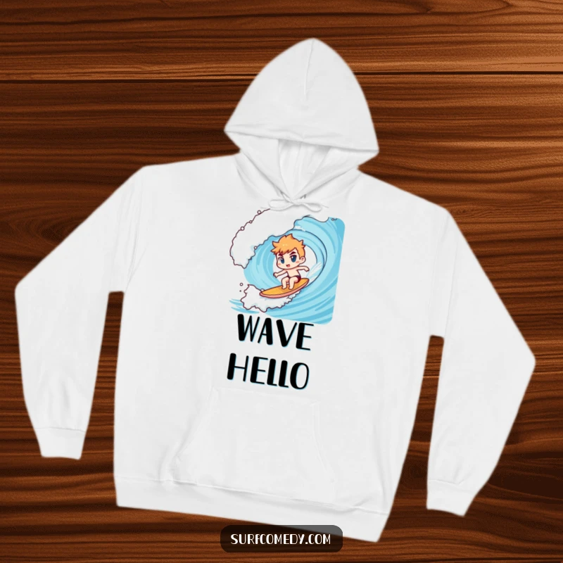 Funny Kawaii character hoodie featuring determined surfing on a giant wave, a great funny gift idea.