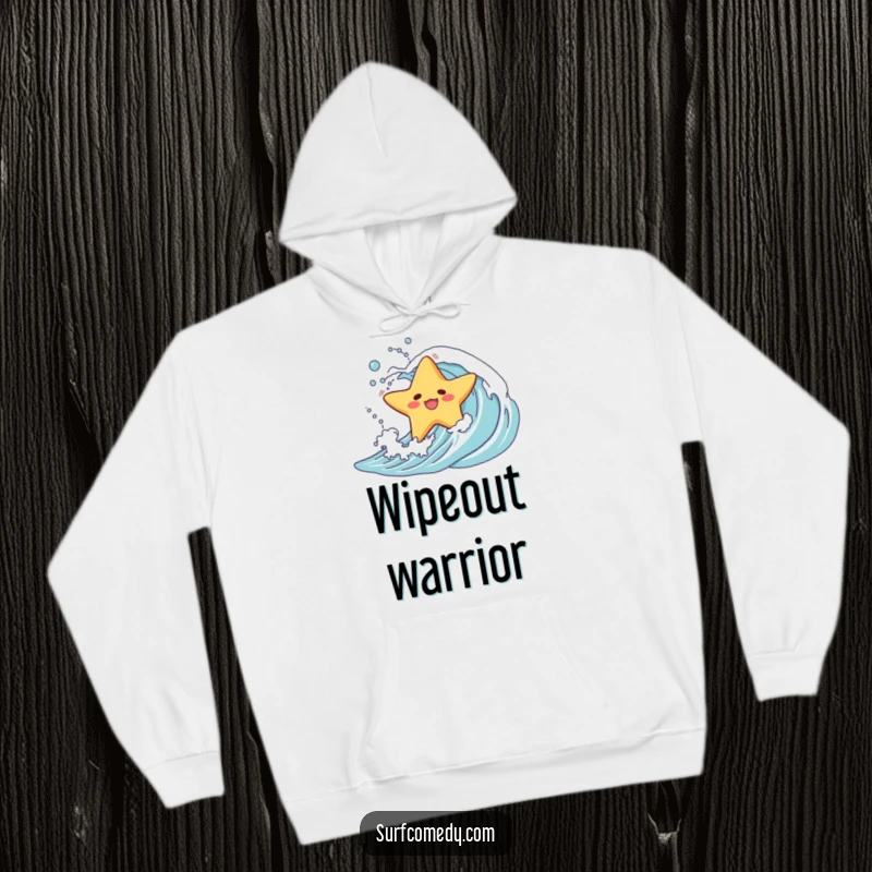 Funny hoodie featuring a little starfish character hilariously wiped out and tumbling down a wave, perfect for cozy humor.