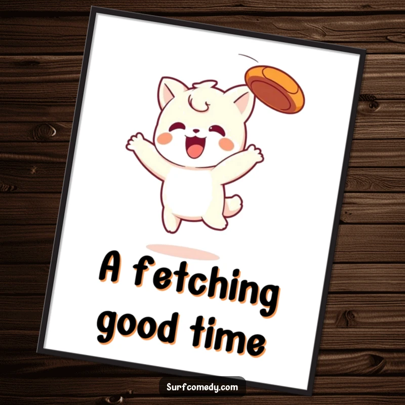 Funny Free Printable Wall Art: A spirited Kawaii character leaping high to catch a frisbee with pure joy.