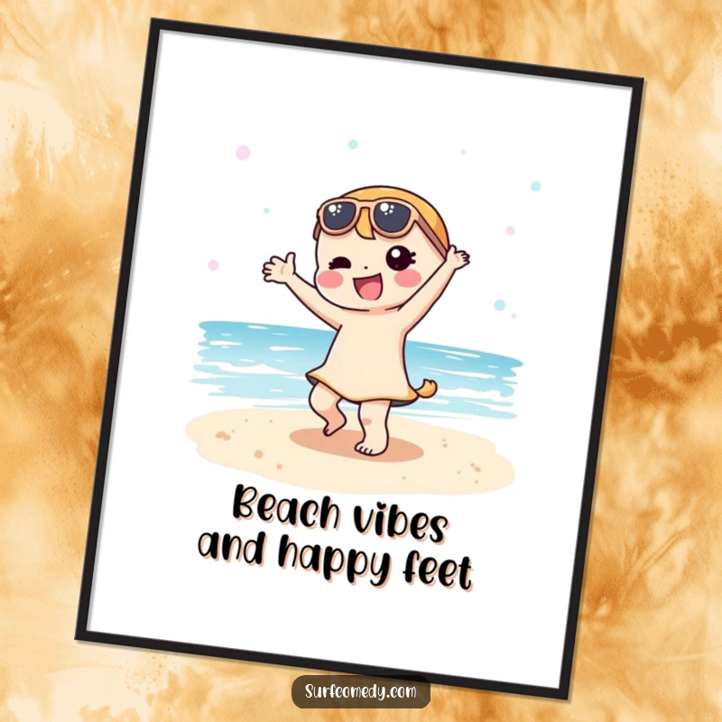 Funny Free Printable Wall Art: A happy Kawaii character grooves on a sandy beach, bringing vacation vibes.