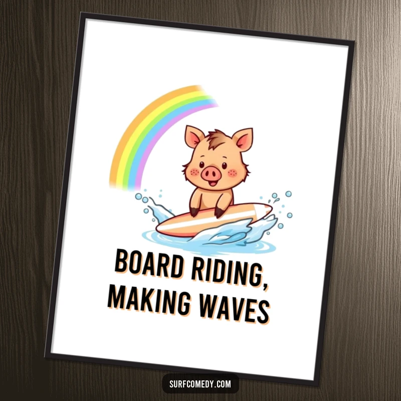 Funny Free Printable Wall Art: A tiny, energetic boar character joyfully splashing surfboard water, creating a brilliant, multi-colored rainbow effect.