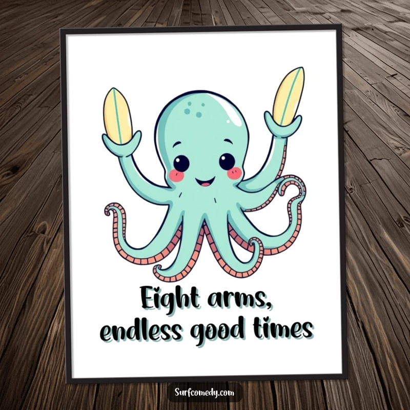 Funny Free Printable Wall Art: Happy octopus juggling multiple surfboards, a master of balance and fun.