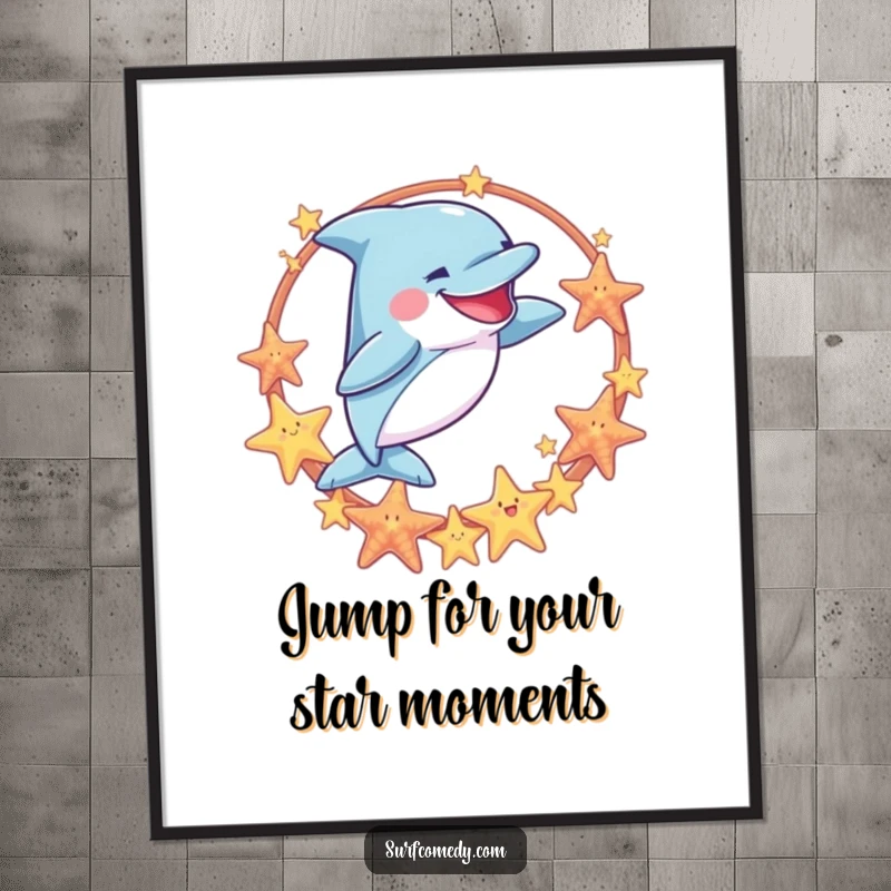 Funny Free Printable Dolphin Wall Art, a goofy dolphin mid-jump through a sea star hoop, embodying pure aquatic joy.