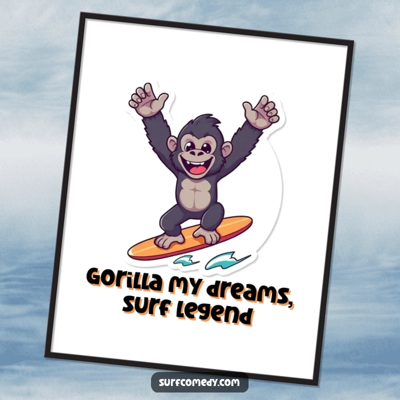 Funny Free Printable Wall Art: A gleeful gorilla character balancing confidently on a surfboard, arms raised high in a celebratory, victorious stance.