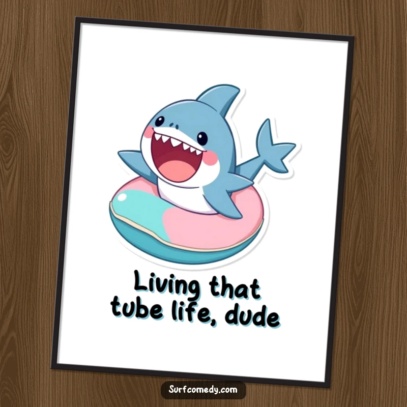 Funny Free Printable Wall Art: Cute shark joyfully riding a small inner tube, bringing seaside fun indoors.