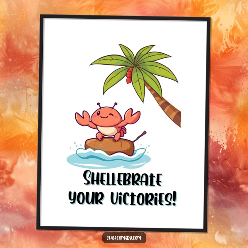Funny Free Printable Wall Art of a Kawaii crab attempting to surf a small coconut, bringing playful, coastal humor to any wall.