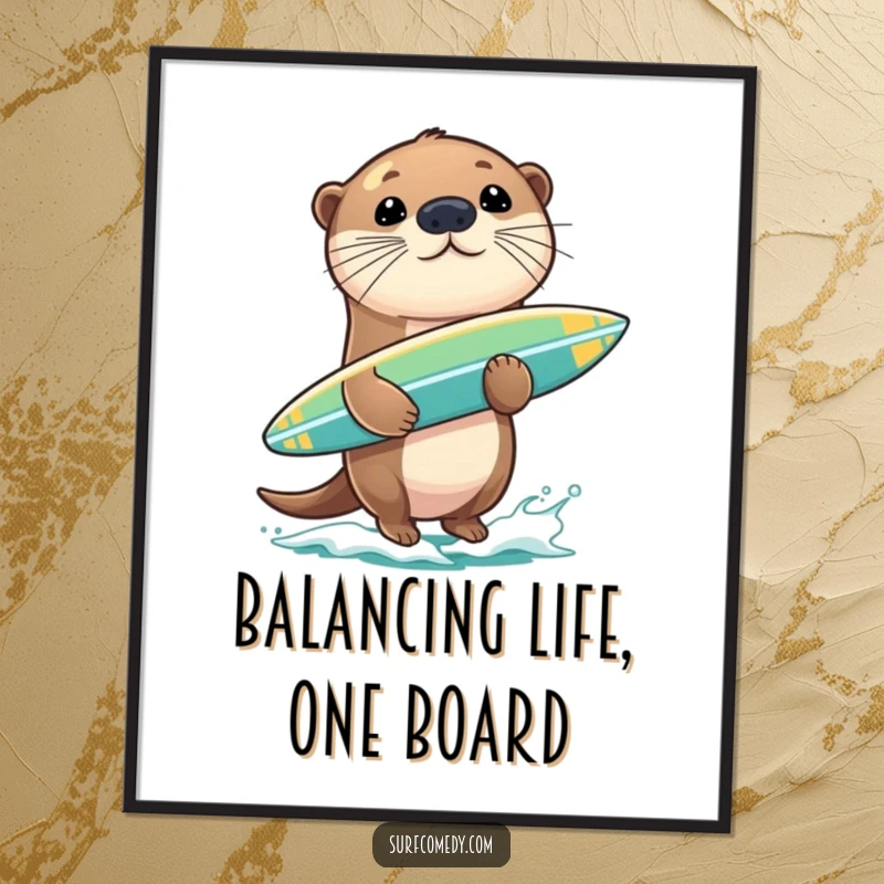 Funny free printable wall art of a playful sea otter impressively balancing a surfboard on its nose, looking quite pleased with itself.