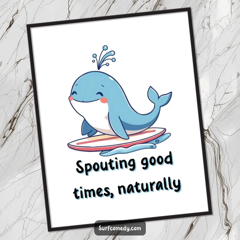 Funny Free Printable Wall Art: Happy whale on a surfboard, spouting water like a whimsical fountain.