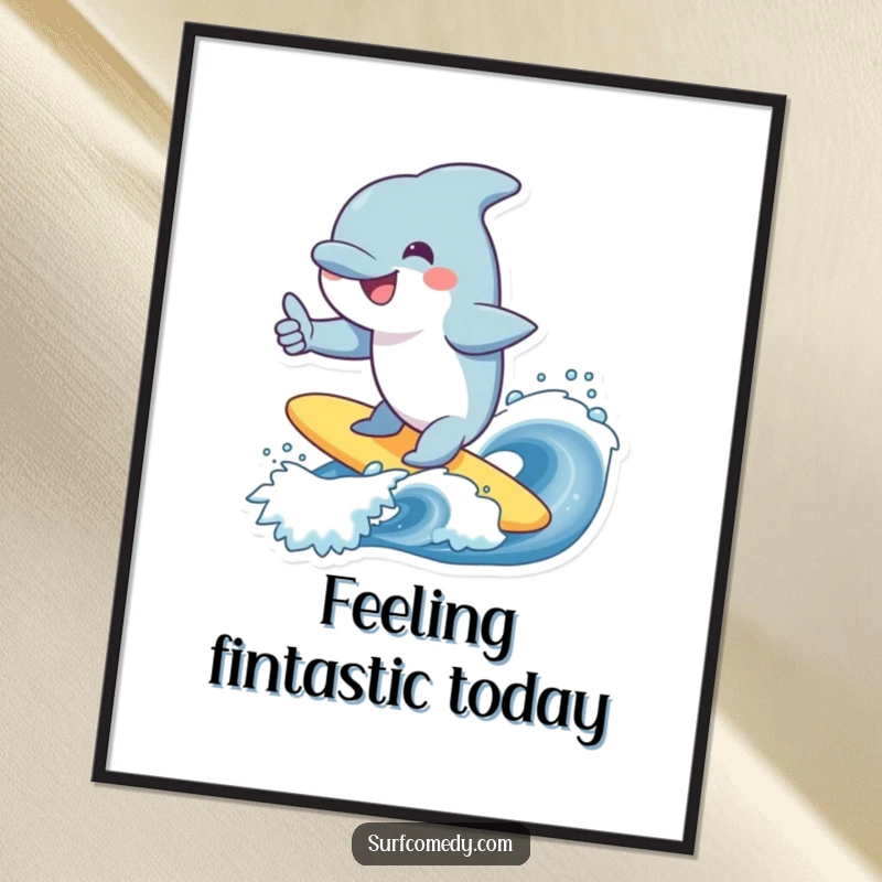 Funny Free Printable Wall Art: A smiling dolphin character rides a wave with enthusiasm, giving a cool thumbs up, vibrant ocean art.