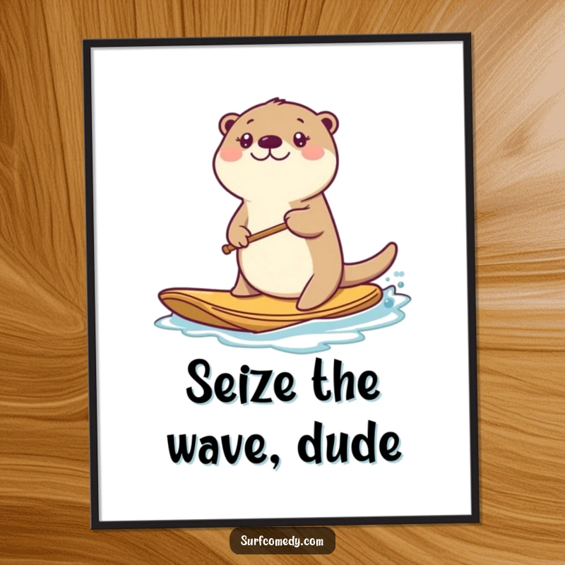Funny Free Printable Wall Art: Kawaii sea otter energetically paddling a bobbing board like a surfboard.