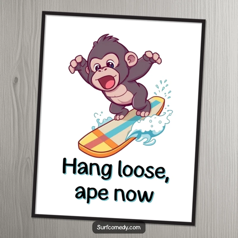 Funny Free Printable Wall Art: Energetic gorilla playfully diving off a surfboard into a vibrant blue ocean.