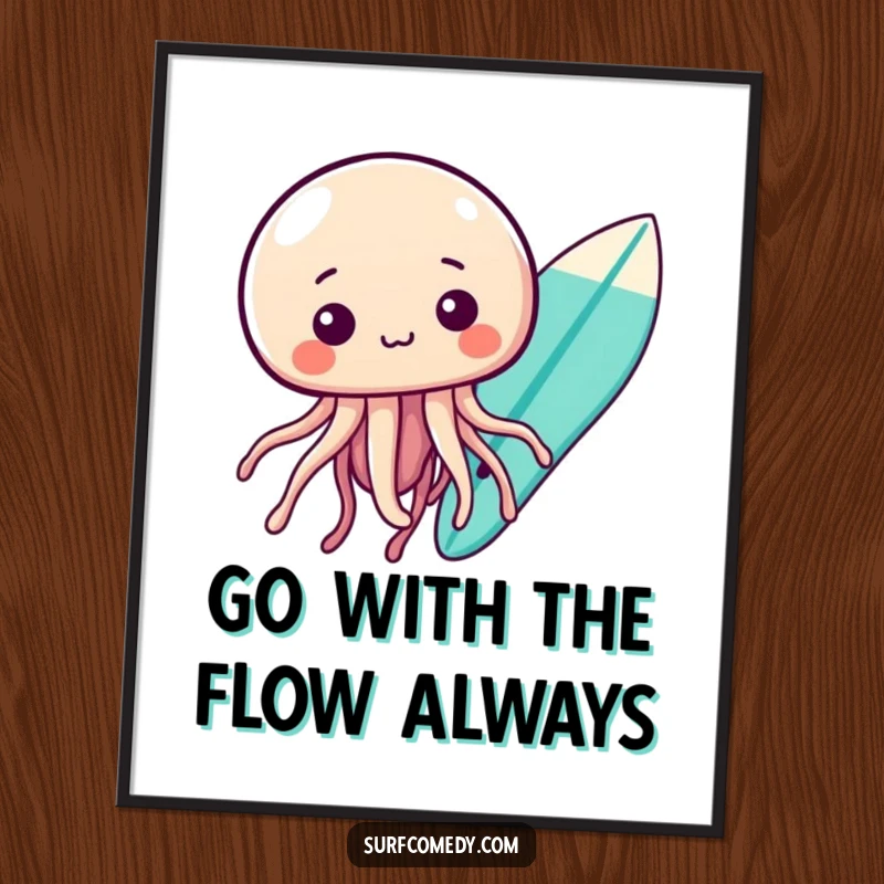 Free Printable Wall Art: A curious kawaii jellyfish floats gracefully near a surfboard, adding coastal charm.