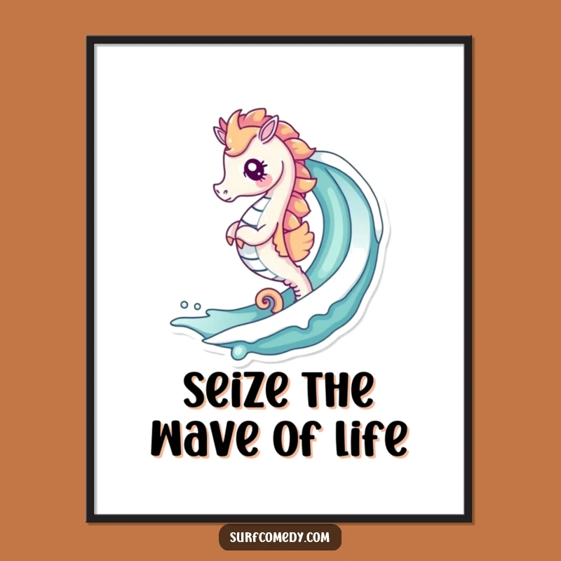 Funny Free Printable Wall Art: Kawaii Seahorse Surfer, Cute Downloadable Decor