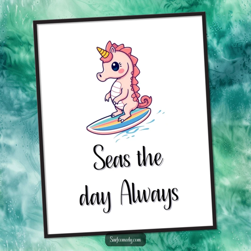 Funny Free Printable Wall Art: A cute seahorse character riding a tiny, colorful surfboard with a huge grin, art.