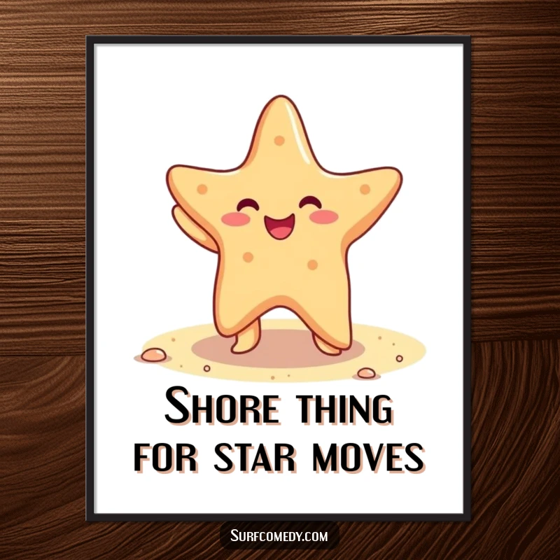 Funny Free Printable Wall Art, a cheerful kawaii starfish joyfully dancing on a sandy beach, fun downloadable art.