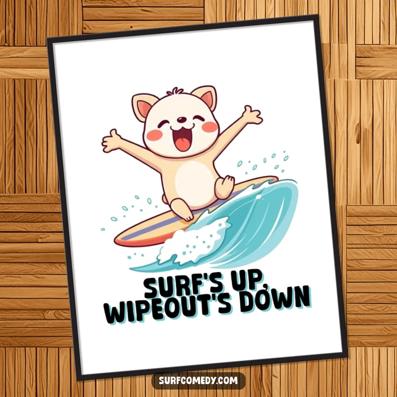 Funny Free Printable Wall Art: Surfing animal comically wiping out on a surfboard, flailing arms, hilarious downloadable decor piece.