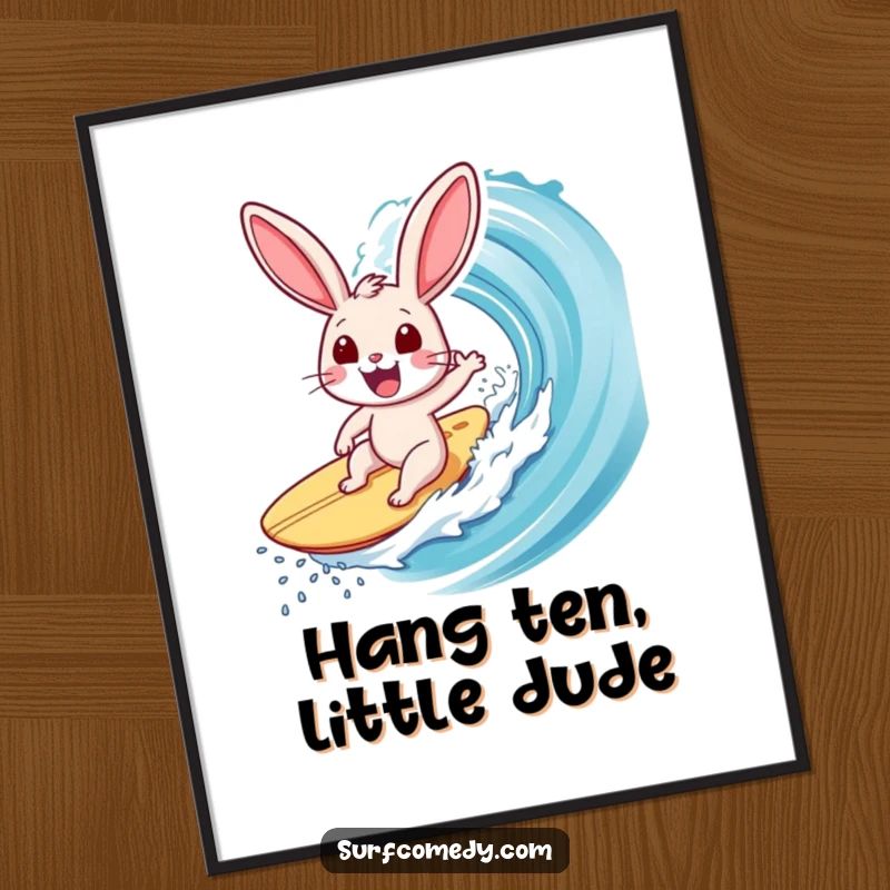 Funny Free Printable Wall Art: A joyful surfer rabbit character in mid-air, riding a colossal wave with an expression of pure exhilaration.