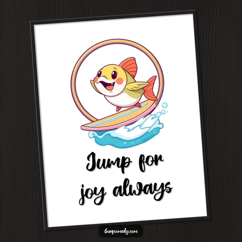 Funny Free Printable Wall Art: A happy fish character gleefully jumps through a hoop while balancing on a surfboard, creating a whimsical scene.