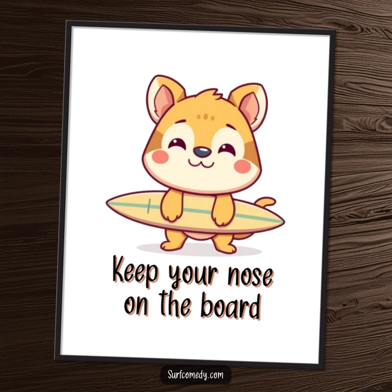 Funny Free Printable Wall Art: Cheerful animal balances surfboard on its nose with a big grin, humorous and stylish decor.