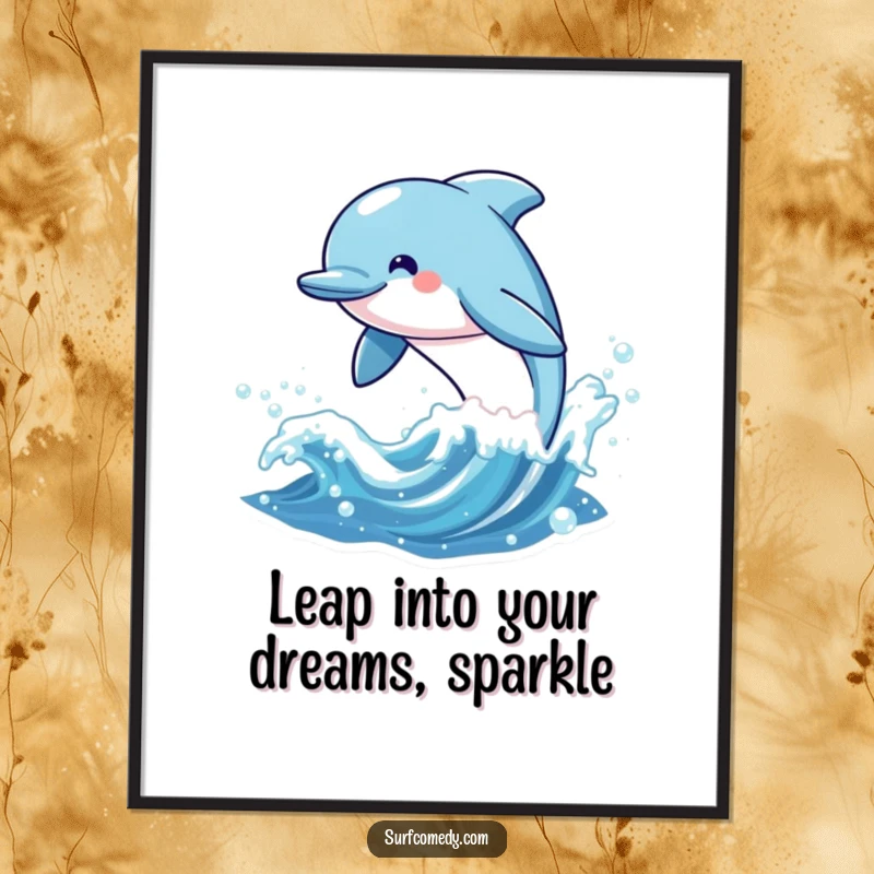 Funny Free Printable Wall Art showing a cheerful kawaii dolphin leaping dynamically from a sparkling ocean wave.