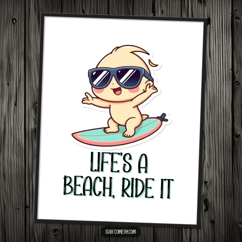 Funny Free Printable Wall Art: Kawaii character in sunglasses striking a cool pose on a surfboard, embodying chill vibes.