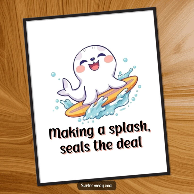 Funny Free Printable Wall Art: Laughing seal joyfully sliding off a surfboard into a refreshing water splash.
