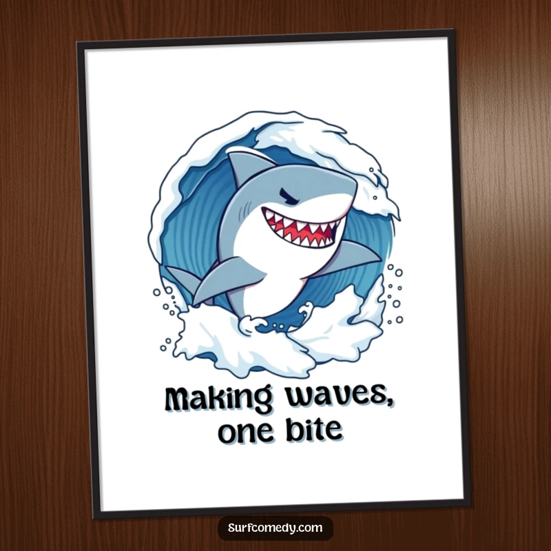 Funny Free Printable Wall Art: Determined shark with a menacing grin, powerfully surfing a massive wave.